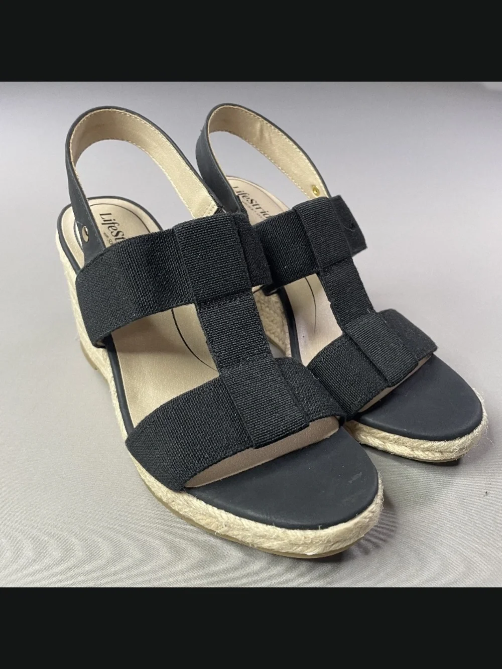 NEW Life Stride Shoes Womens 9.5 black brown jute wedge sandals heels summer